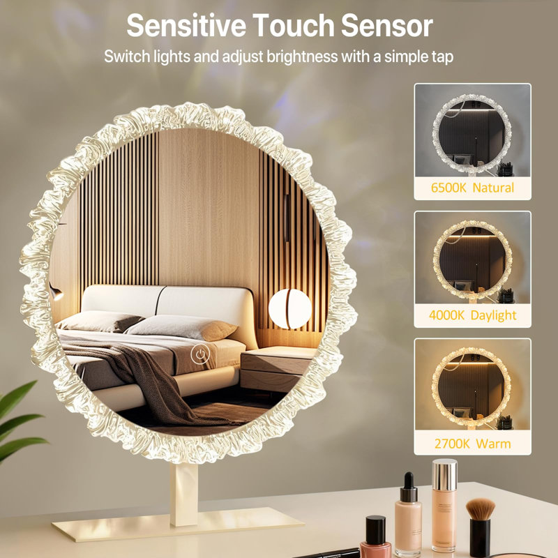 Miroir de salle de bain rond avec lumières, contrôle tactile, miroir de salle de bain rond avec lumières, 3 modes de couleur et luminosité de 10% à 100%, (blanc)