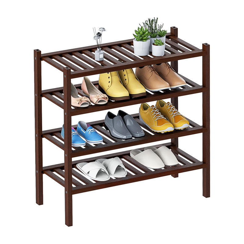 Shoe Rack 4-Tier Organizer-Stackable Storage Shelf With Multi-Function Combinations-Free Standing Bamboo Shoe Racks(Brown, 4-Tier)