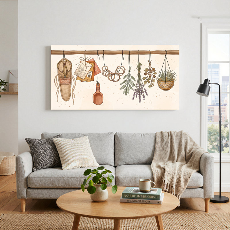 Ensemble de 1 tableau sur toile représentant des outils d'herboristerie, 32“W x 16”H, Toile tendue