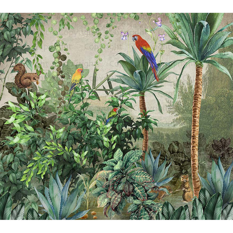 Papier peint jungle enchantée, oiseaux tropicaux et feuillage, L 117,96 po x l 131 po, Vert