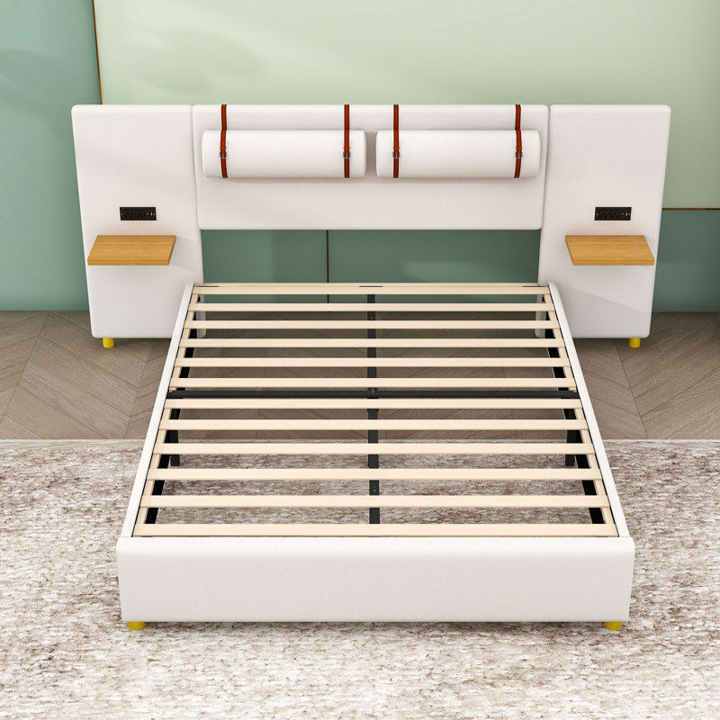 Lit plateforme tapissier Abeal avec prises intégrées, ports USB, coussins de tête de lit et tablettes de chevet, Beige, Queen