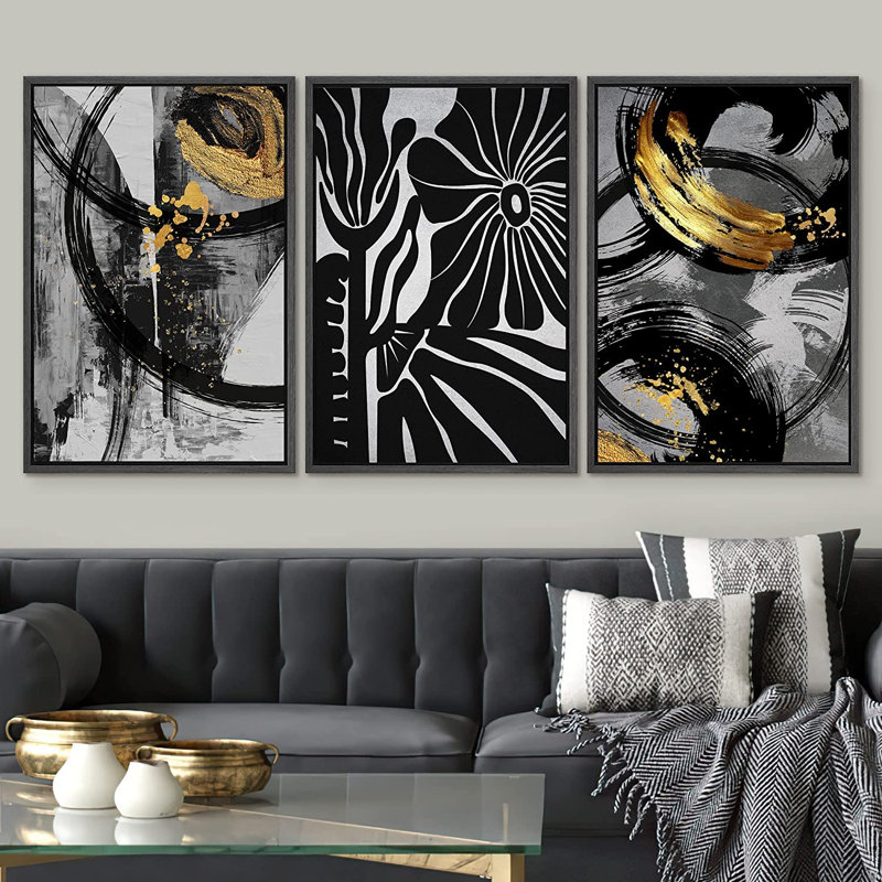 «Tropical Flower Mid-Century Collage Abstract Shapes Illustration», ensemble de 3 impressions sur toile, Noir
