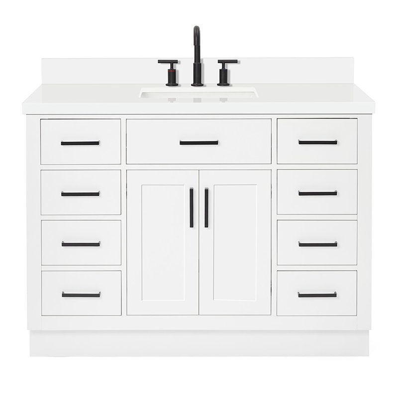 Ensemble de meuble-lavabo simple en bois massif 48 po avec lavabo en quartz blanc 1,5 po Tidworth, Blanc, Forme rectangulaire