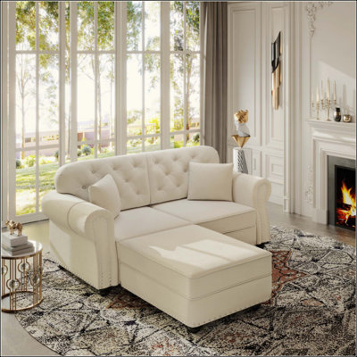 Canapé Chesterfield rembourré en velours avec garniture cloutée et accoudoirs roulés, canapé de style Mid-Century moderne capitonné, comprend 2 coussins