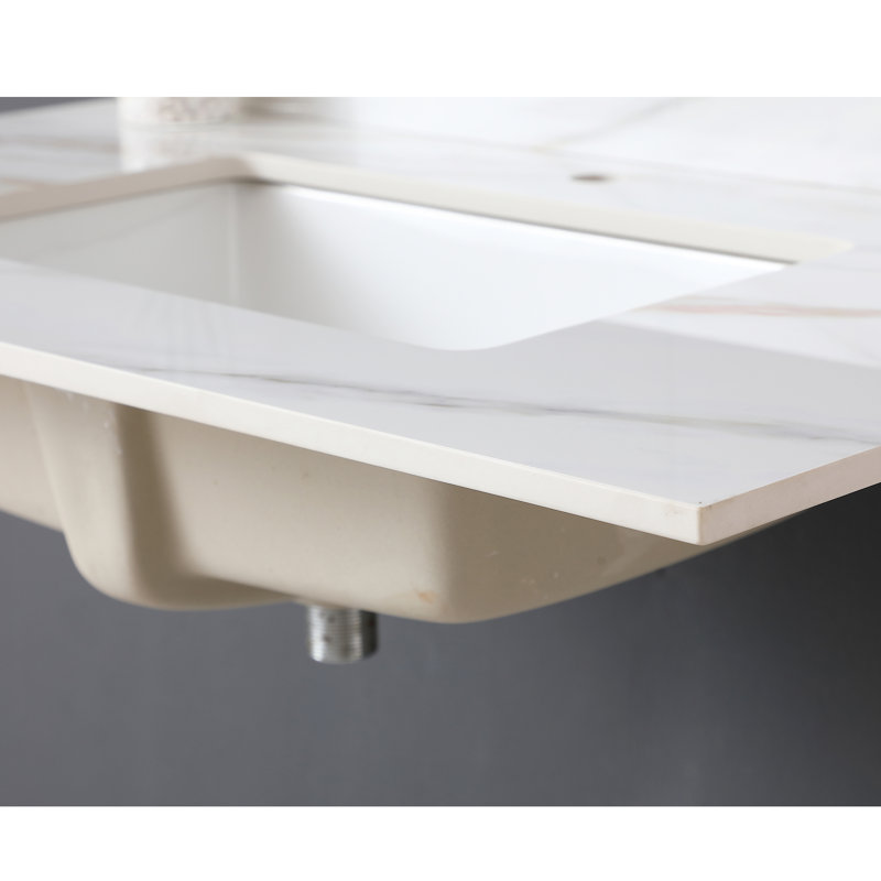 Comptoir de meuble-lavabo en marbre 37 po, comptoir de salle de bain avec lavabo central encastré rectangulaire et dosseret de 4 po de hauteur, comptoir pré-percé, blanc de Carrare avec veines
