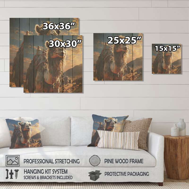 Majestic Camel Desert Wanderer II - Fruits On Wood Print, 25" H x 25" W