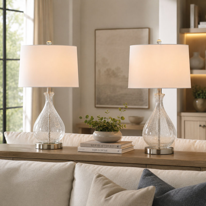 Belmonte 23" Modern Clear Water Glass Table Lamp with White Linen Shade and Polished Nickel Base