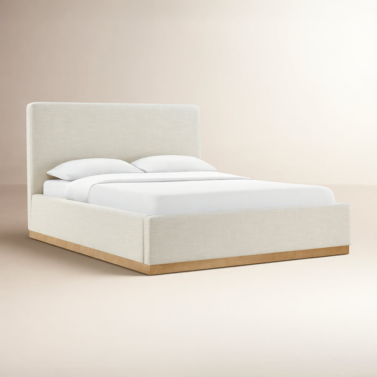 Delpha Upholstered Oak Bed, King, Effie Linen Performance Linen