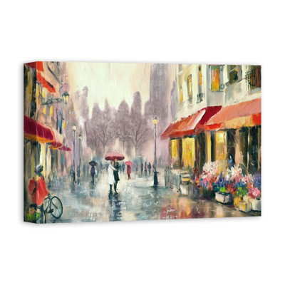 « parasol rouge en pluie européenne city », reproduction de peinture à l’acrylique