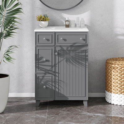 Meuble-lavabo simple 24 po avec lavabo en céramique, meuble-lavabo de salle de bain 24 po avec 2 tiroirs et 1 porte à fermeture en douceur