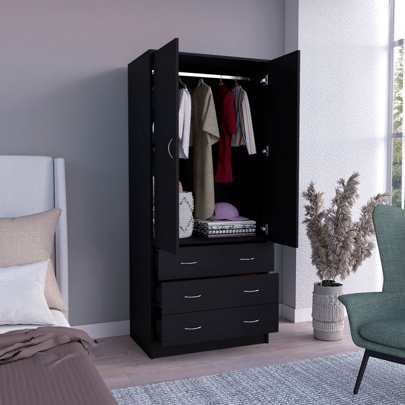 Armoire avec portes doubles, 3 tiroirs et tringle, Noir