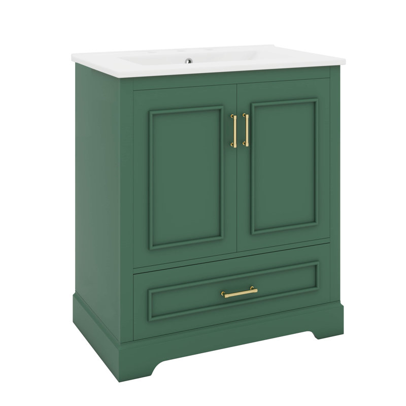 Meuble-lavabo élégant avec lavabo en céramique, 2 portes et 1 tiroir, Vert