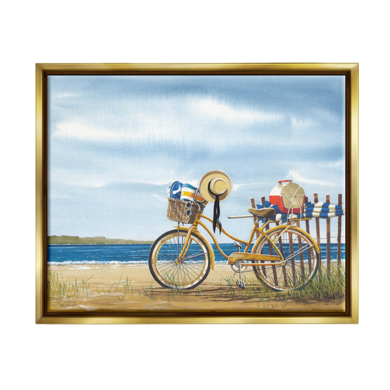 «Summer Bike Beach Day Waves» par John Rossini - peinture sur toile à cadre flottant, H 25 po x l 31 po x P 1,7 po