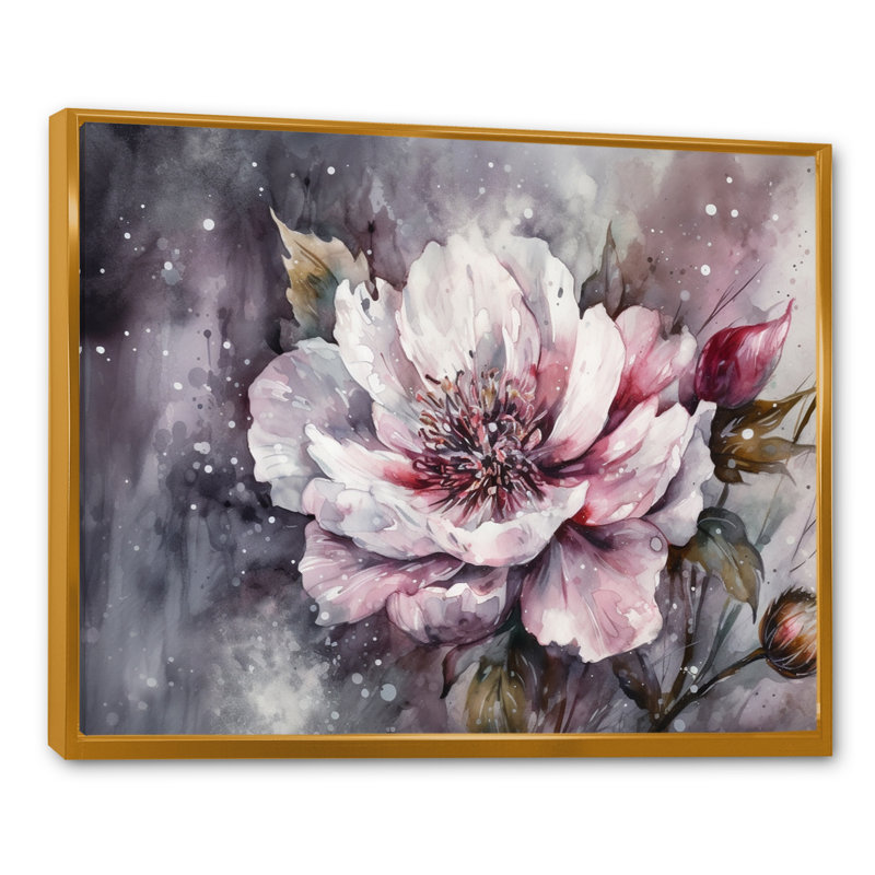 " Pink Green Peonies On Branch I ", 34" H x 44" W x 1.5" D, Gold Floater Framed