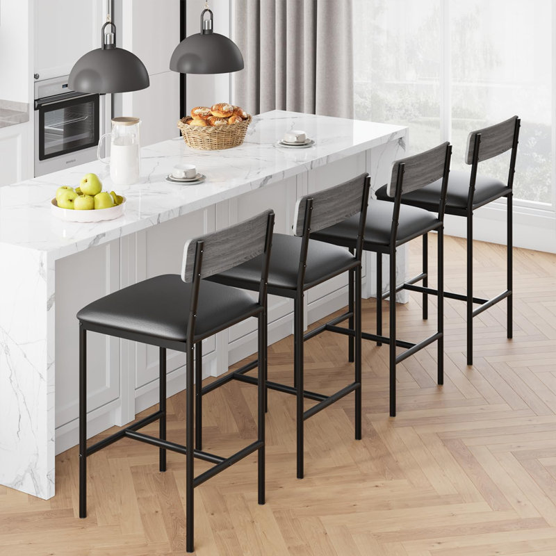 25.5 Inches Upholstered Bar Chairs with Back, Gray, 4