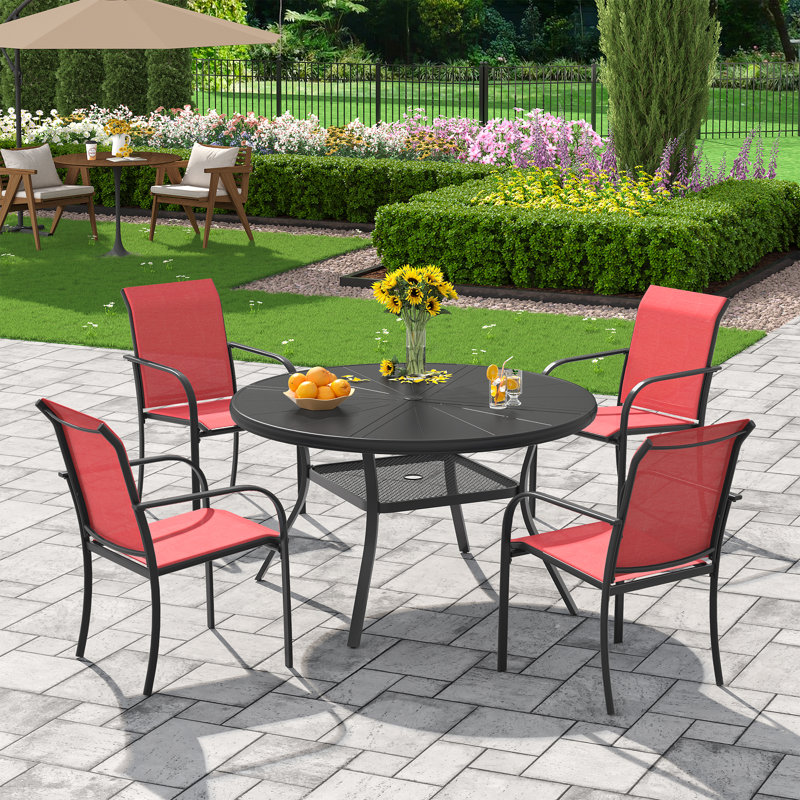 4-Person Outdoor Aluminum Patio Dining Set, Black/Red