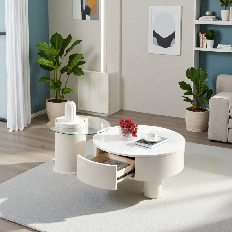 Round Nesting Coffee Table Set Of 2, Coffee Table With Storage Drawer, White Plastic Centre Table For Living Room