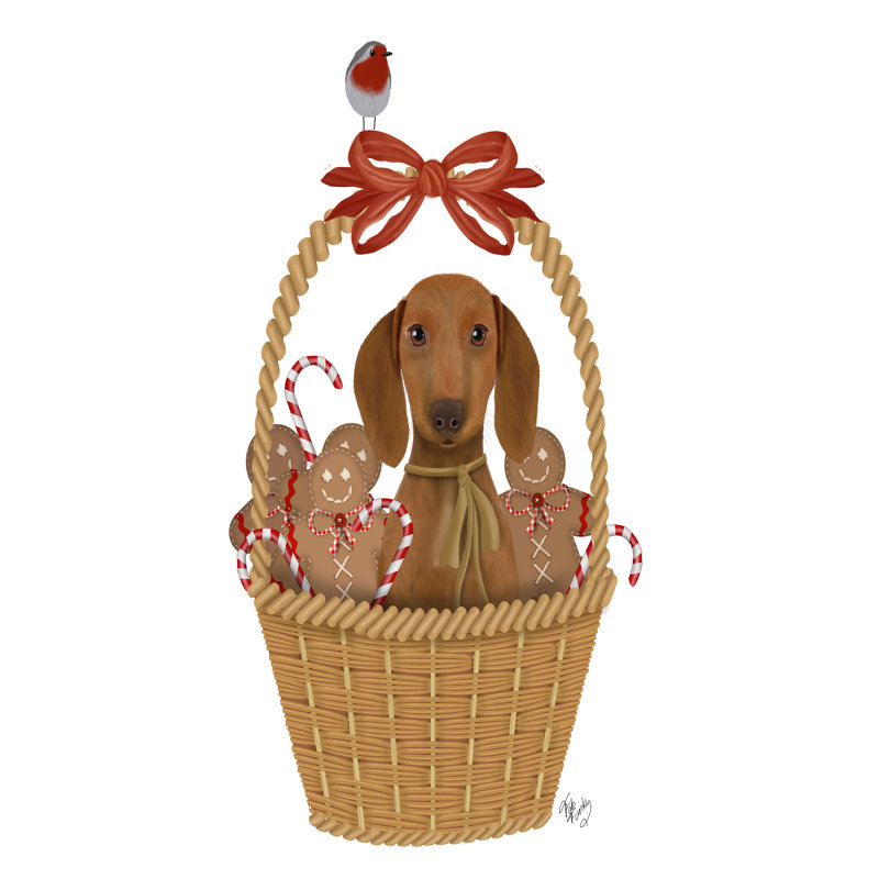 Christmas Des Dog In Basket With Gingerbread Men by Fab Funky - Wrapped Canvas Print, 46cm H x 30cm W