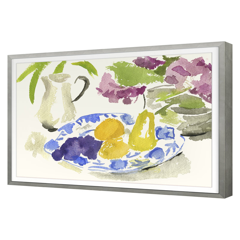 Blue Plate With Pears Print by Dana Gibson, Silver Framed, 25" H x 36" W x 1.25" D