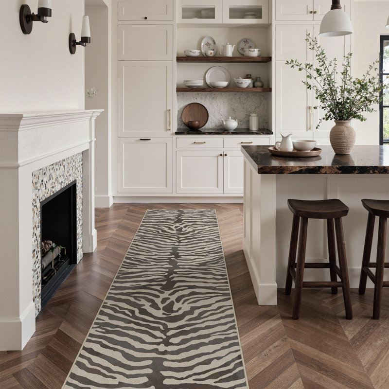 Safari Animal Print Zebra Machine Printed Washable Beige / Gray Indoor Area Rug with Non-Slip Backing, Runner 2' x 7'