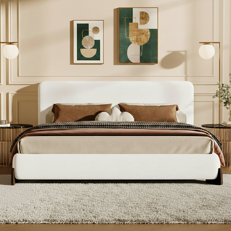 Élégant lit tapissier avec pieds en bois massif foncé, centre de chambre luxueux et confortable, très grand, Blanc/Noir