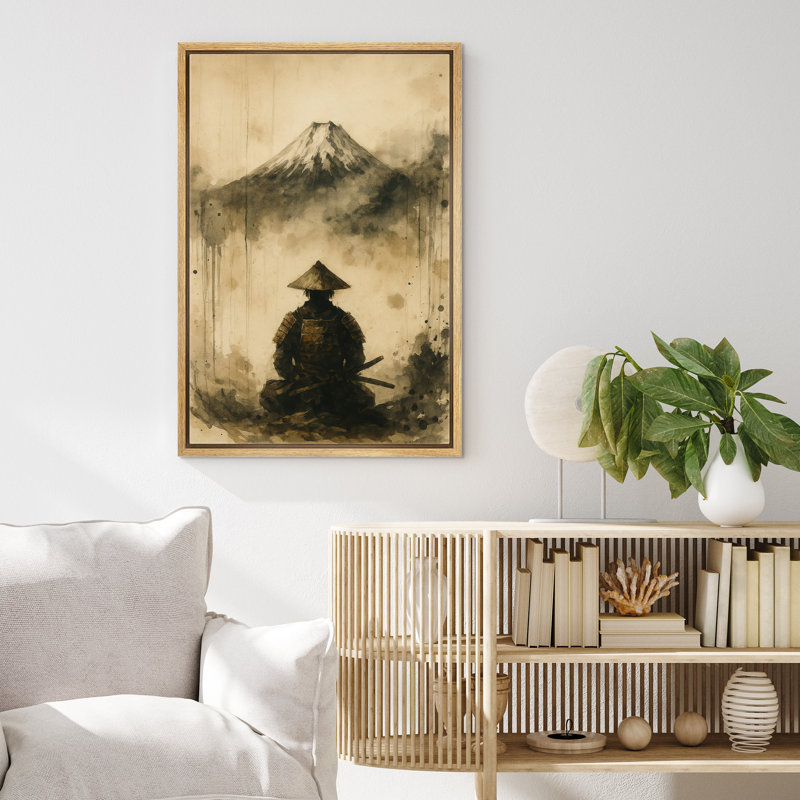 «Samurai with Mount Fuji Art», reproduction d'art sur toile encadrée, H 36 po x l 24 po x P 1,5 po, Cadre naturel