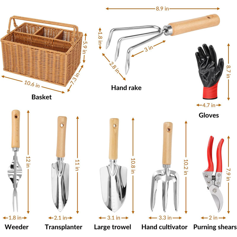 Gardening Hand Tools With Basket – Garden Tool Set With Pruning Shears Cultivator Gloves – Heavy-Duty Stainless Steel Gardening Tools With Wood Handle – Gardening Gifts
