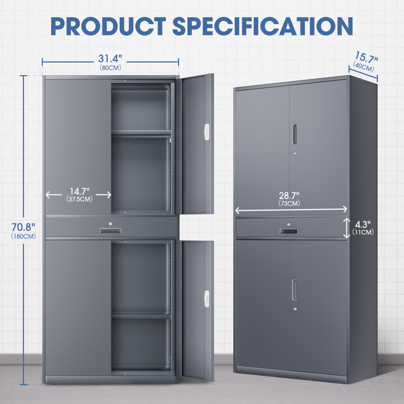 71" Lockable Heavy Duty Metal Storage Cabinet W/ Drawer&Adjustable Shelves, Gray