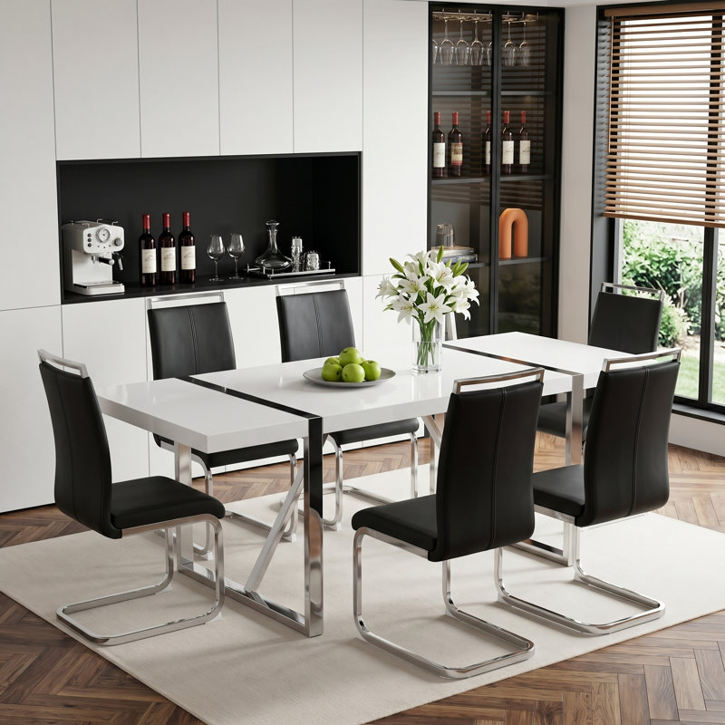 7-Piece Modern Glam Rectangular Dining Set with Glossy Table and Vegan Leather Cantilever Chairs, Black, 7