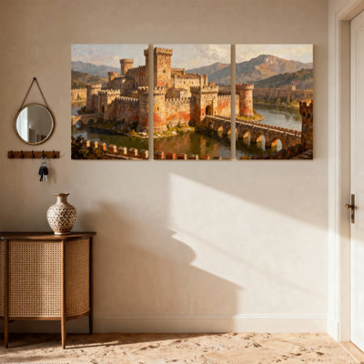 Mid-Century Medieval Castle Water Reflection Landscape Art Print Set of 3 Canvas Wall Art Prints
