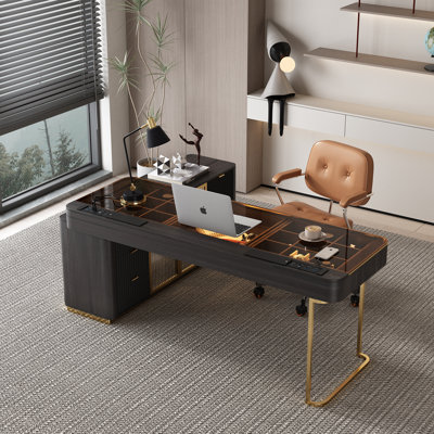 71" High-quality Executive Desk,Swivel Computer Desk,boss desk,Home office Desk,L-Shaped,Two Power Outlet, Glass Top,Very easy to assemble