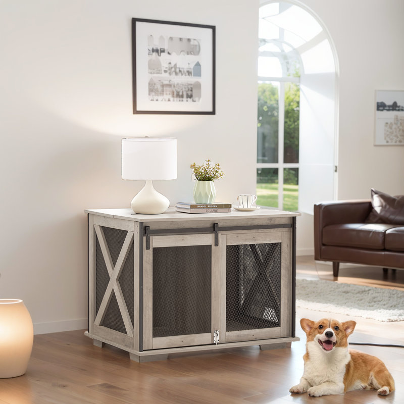 Meuble en bois pour cage de cage de chien avec porte de grange coulissante, Gris