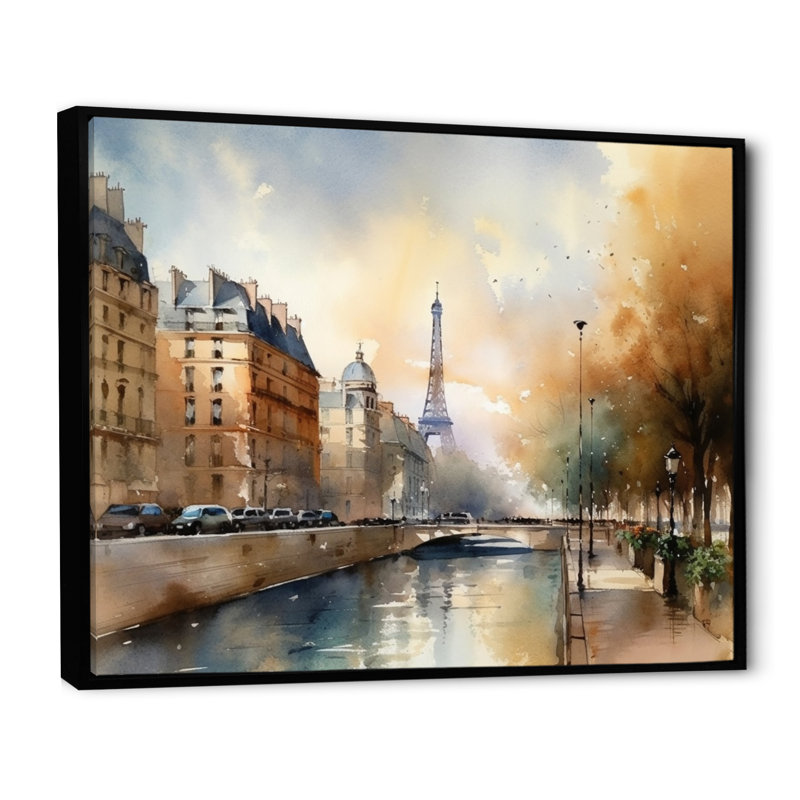 «Beautiful Pastel Paris Scenery», art mural sur toile Paris, H 34 po x l 44 po x P 1,5 po, Cadre flottant noir
