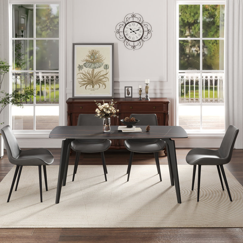 62.99" Modern Artificial Stone Black Curved Edge Black Metal Leg Dining Table-Can Accommodate 6 People(Dining Table Only)