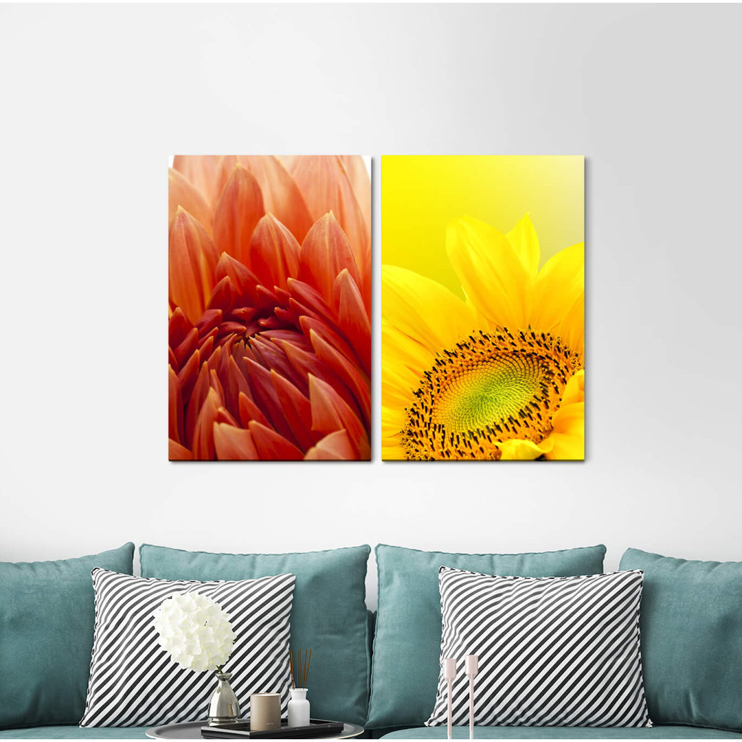 2-tlg. Leinwandbilder-Set - Grafikdruck „Dahlia Sunflower Yellow Red Flowers”