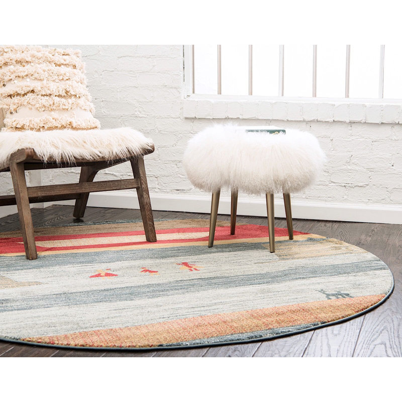 Tapis à motif géométrique bleu / rouge / beige, Rond 8 pi
