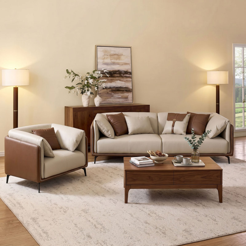 48.43''Wide Upholstered Faux Leather Accent Chair,  Mid-Century Modern Sofa Armchair Couch with 1 Pillow, 1