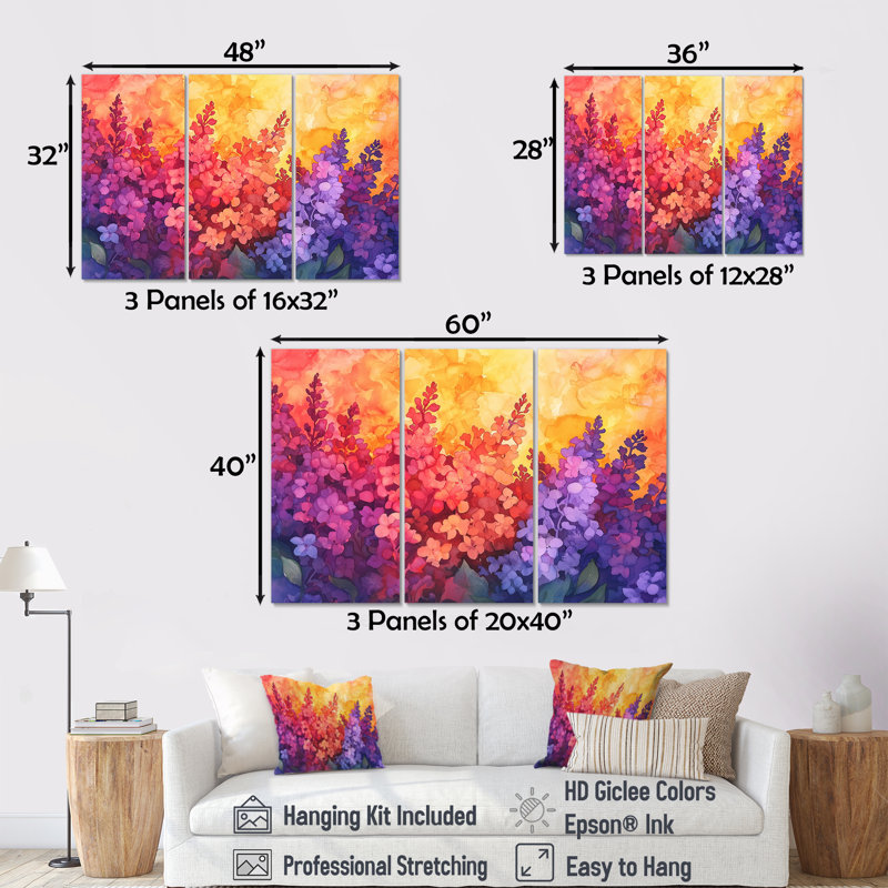 Coucher de soleil lilas mauve dans les jardins botaniques II - lilas, ensemble d'art mural, H 40 po x l 60 po, Toile tendue