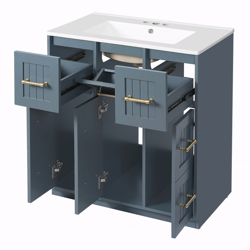 Meuble-lavabo de salle de bain avec lavabo encastré et tiroirs, Bleu