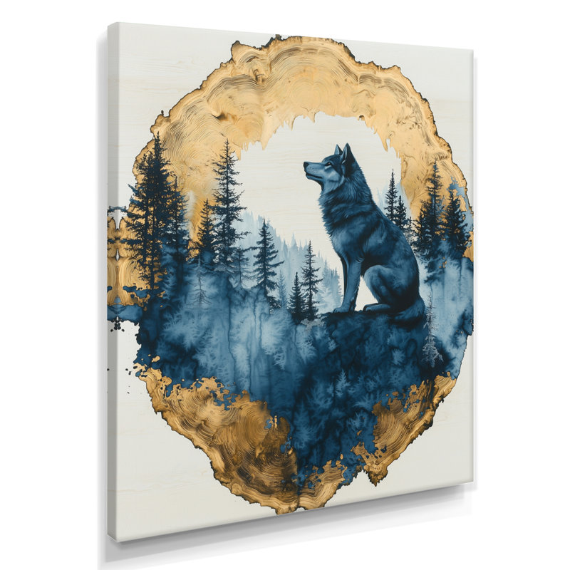 Gradys, loup doré dans un paysage de forêt bleue II - loup, impression d'art mural, H 20 po x l 12 po, Toile tendue