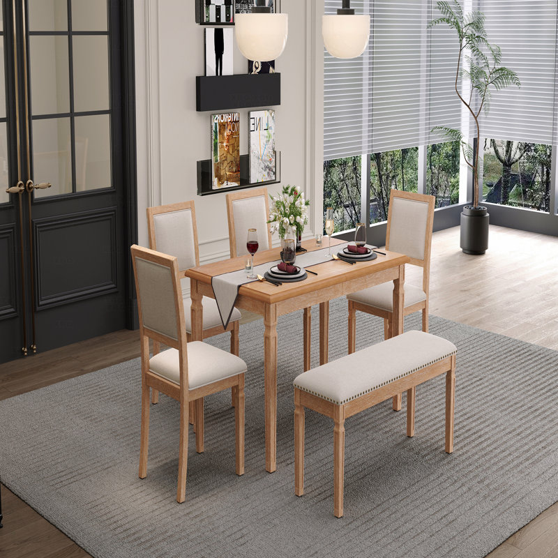 Ensemble de salle à manger extensible 6 pièces 6 pièces: table de ferme rustique de 59 à 72 pouces et 4 chaises + banc, pieds rétro sculptés