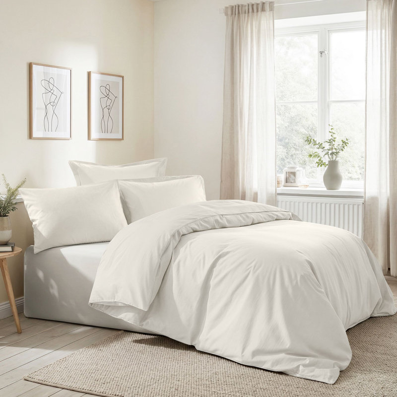 Luxury Ranforce Double Quilt Cover Set, 100% Cotton, Cream Color | Duvet Cover 78.7 x 78.7 inches & 2 Pillowcases 23.6 x 23.6 inches | 155 Thread Count, Button Closure, Machine Washable for Easy Care