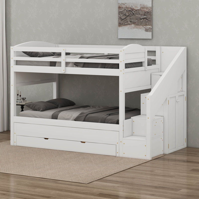 Twin XL Bunk Bed With Trundle Three Storage Drawers Storage Staircase And Wardrobe Ideal Space Saving Solution, White