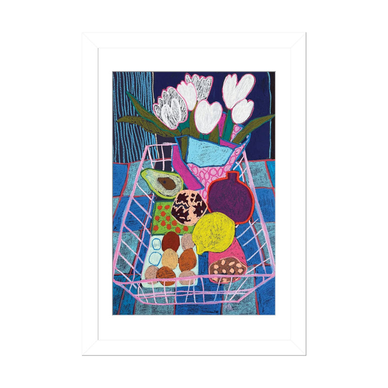 «Pink Basket Still Life», reproduction d'art murale - papier d'art encadré, 32 po x 24 po, Framed Paper, White