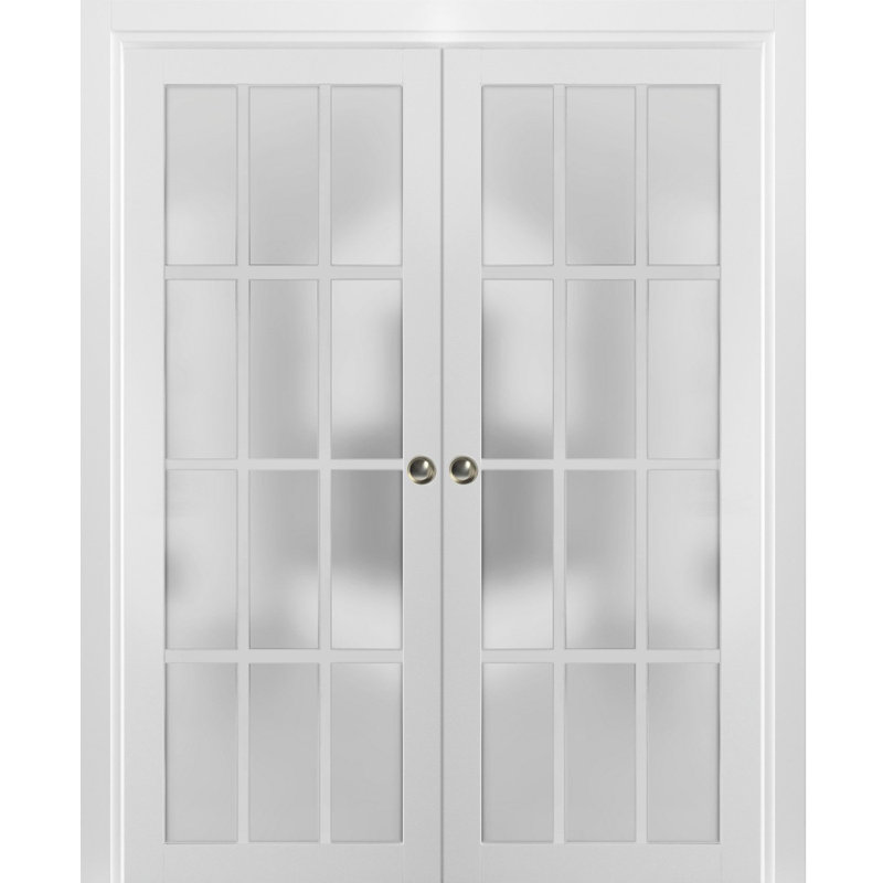 Portes coulissantes françaises doubles à galandage, verre dépoli, 12 carreaux, Felicia 3312, blanc mat, ensemble de garnitures, quincaillerie, bois massif, intérieur de chambre, portes robustes - 72 po x 84 po (2 x 36 x 84 po)