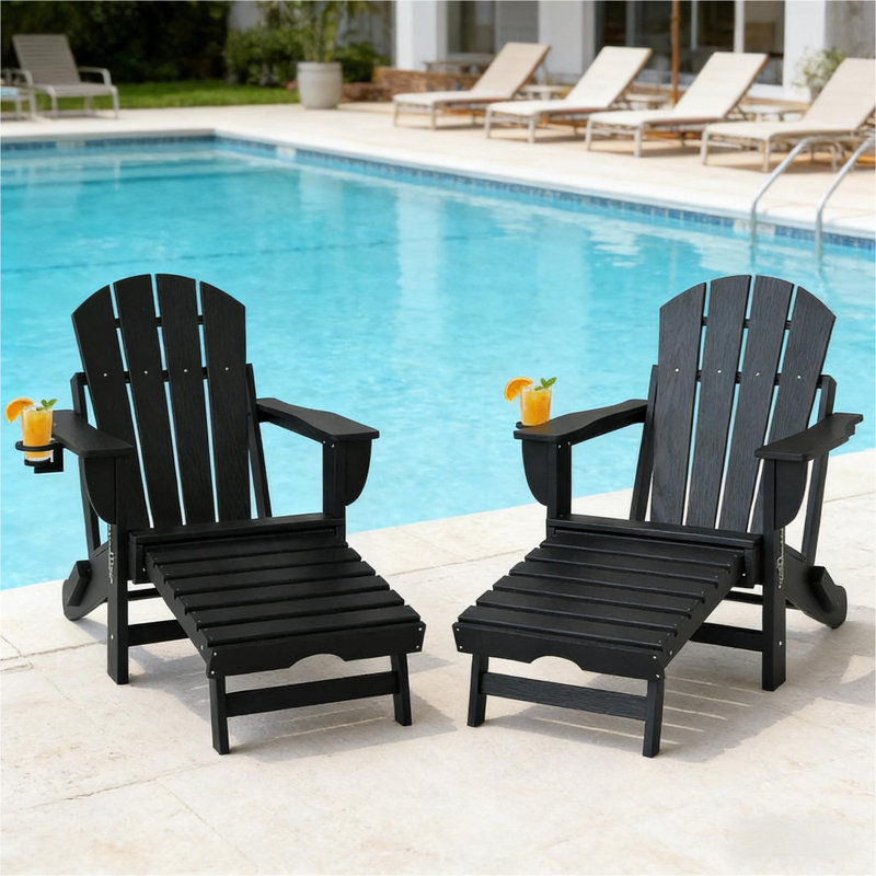 Ensemble de 2 chaises d'extérieur pliables pour foyer d'extérieur Adirondack, Black, Black