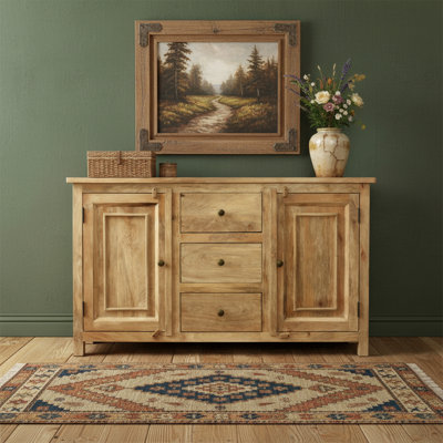 60" Natural Distressed Solid Wood Three Drawer Sideboard With Two Doors