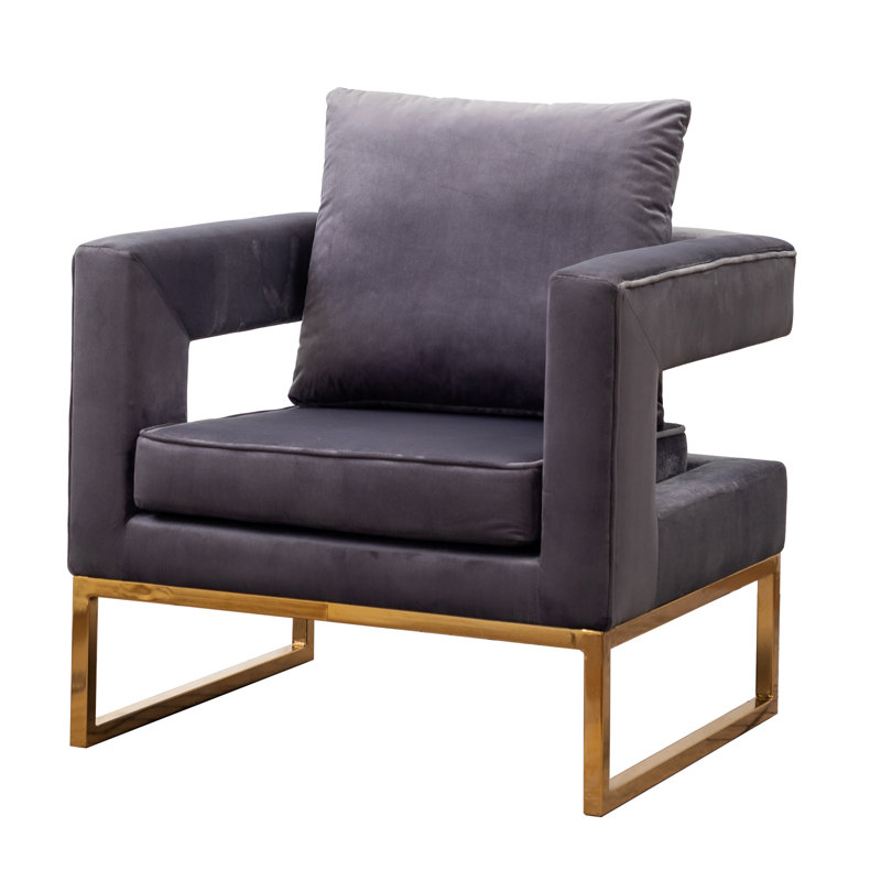 Gray Contemporary Armchair - Upholstered In Velvet-Like Fabric, With Metal Frame, Square , Pillow Back For Comfort Chair And Style, Framework, Peaceful Area