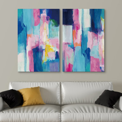 «Colorful Brushstrokes Signleader», reproduction d'art sur toile, ensemble de blocs de couleurs bleu pastel et roses, formes géométriques, illustrations, art moderne, coloré, multicolore, ultra moderne pour le salon, la chambre à coucher, le bureau