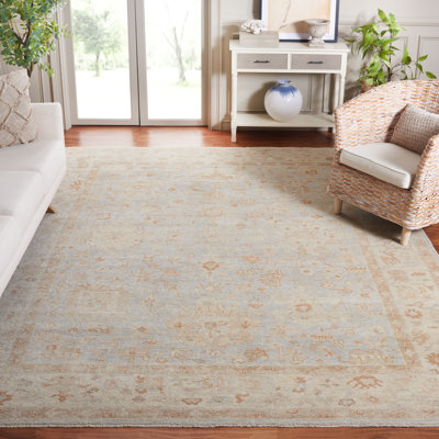 Tapis en laine / coton noué à la main Oushak bleu clair / beige